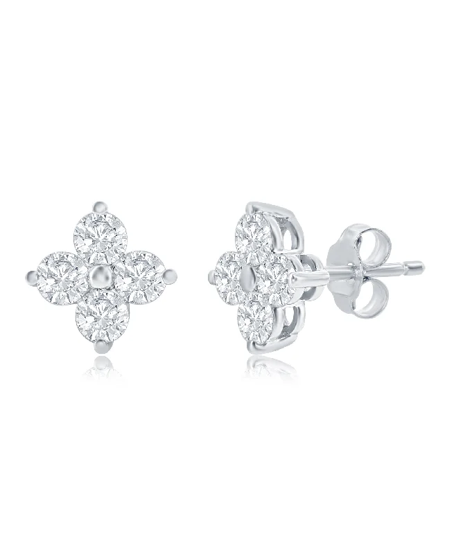 Large Statement Earrings For Fashion Lovers-14K White Gold Diamond Floral Stud Earrings - 1 1/2ct Total, SI Clarity