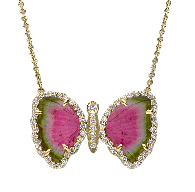 Vintage Bar Necklaces For Retro Fashion-14K Yellow Gold Tourmaline Slice & Diamond Butterfly Necklace