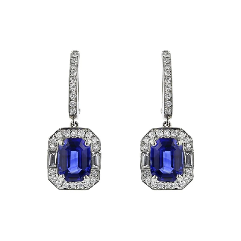 Classic Diamond Stud Earrings-Emerald-cut Sapphire and Diamond Halo Drop Earrings