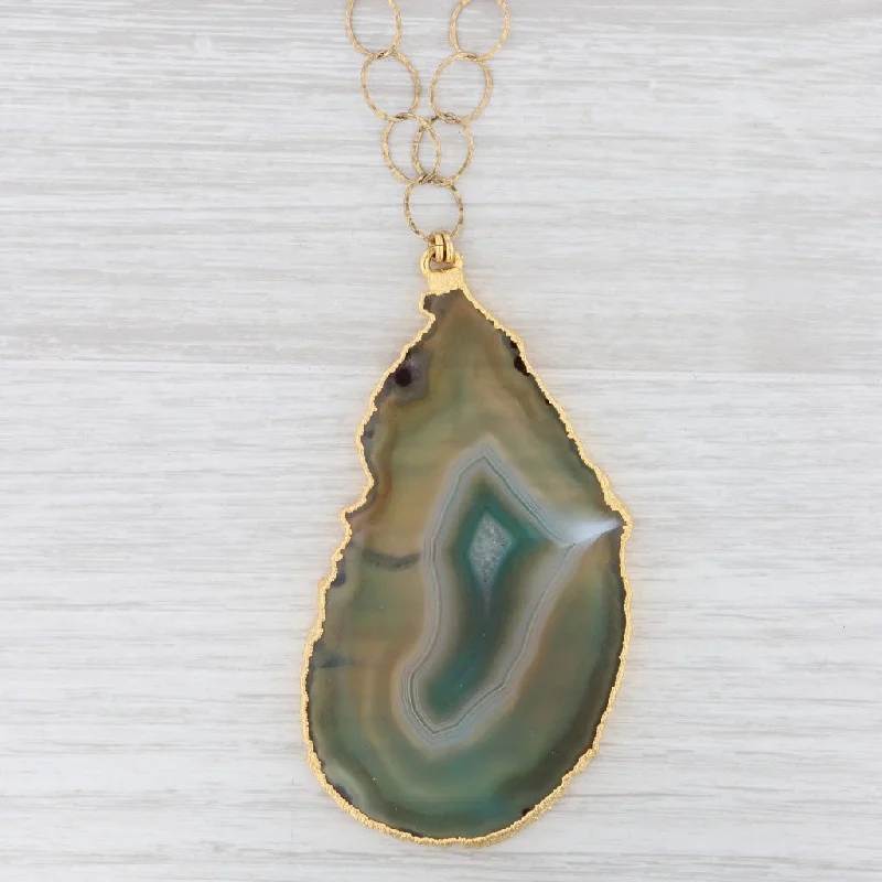 Minimalist Gold Chain Necklaces For Elegant Looks-New Nina Nguyen Agate Slice Statement Pendant Necklace Sterling Gold Vermeil 27"