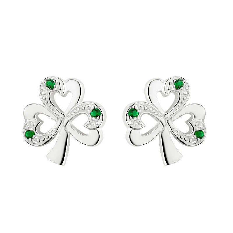 Trendy Silver Earrings For Young Women-Sterling Silver Green CZ Shamrock Stud Earrings - S33152