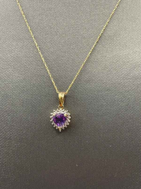 Personalized Gemstone Necklaces For Special Gifts-Ladies 14 Karat Yellow Gold Diamond and Amethyst Heart Necklace