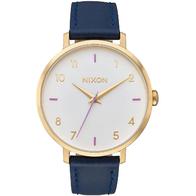 Watches For Anniversary Gifts-Nixon Women's Quartz Watch - Arrow White Dial Leather Strap YG Steel Case | A1091151