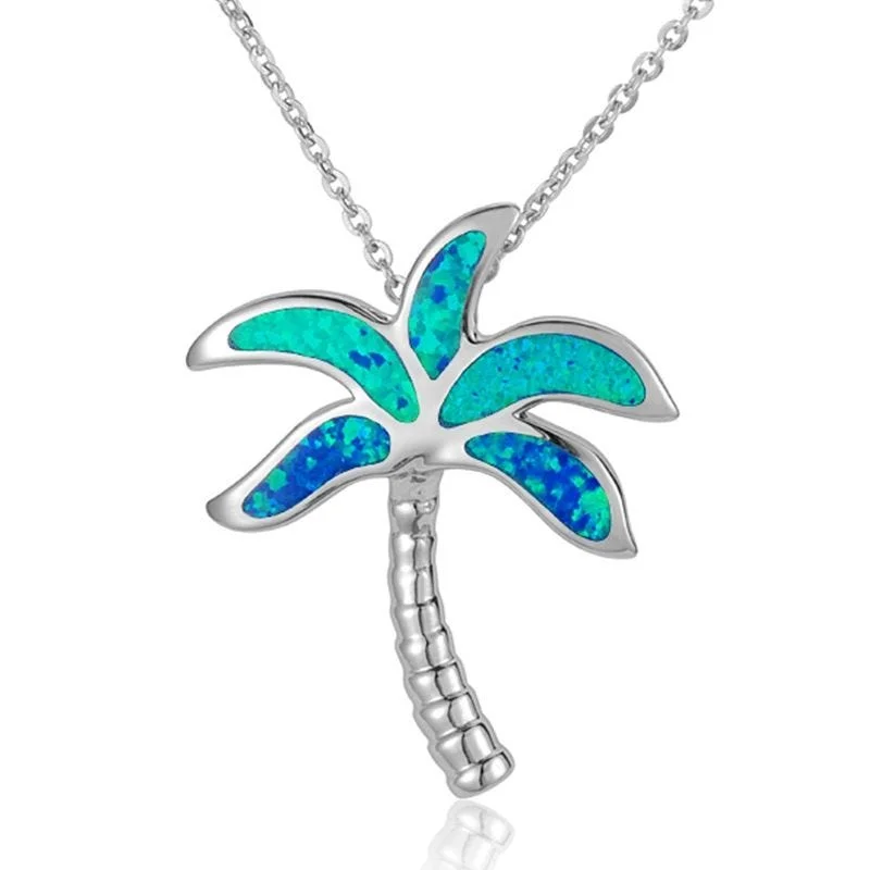 Colorful Stone Pendant Necklaces For Summer Wear-Sterling Silver Palm Tree Necklace with White Mother of Pearl Inlay