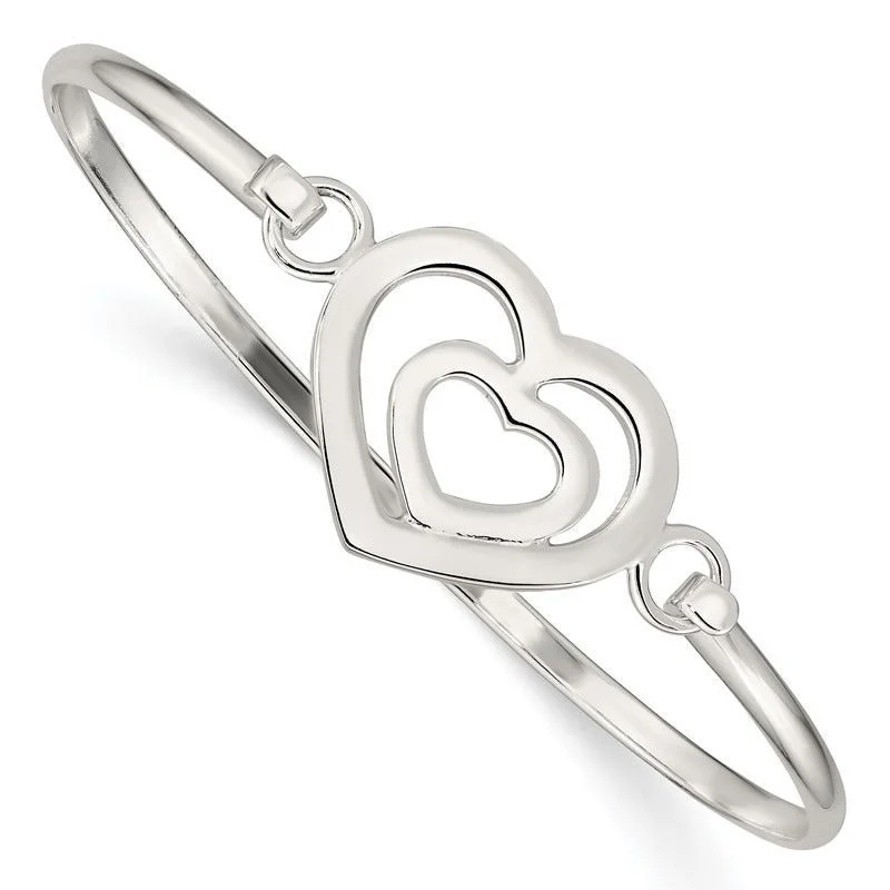 Bangles With Open Design-Sterling Silver Heart within a Heart Bangle Bracelet