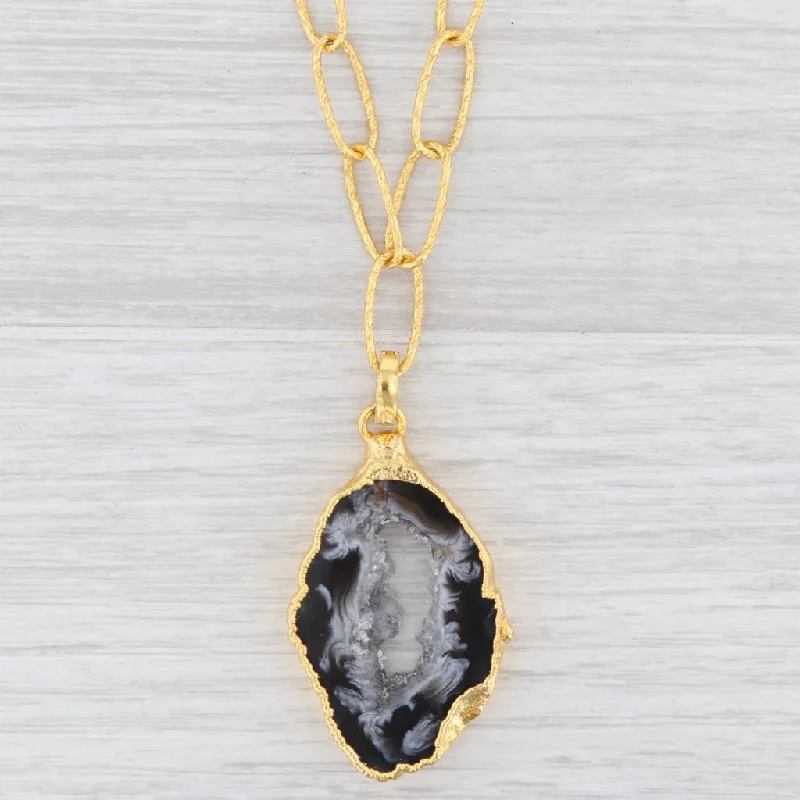 Statement Long Necklaces For Special Occasions-New Nina Nguyen Geode Quartz Pendant 20" Necklace Sterling Gold Vermeil