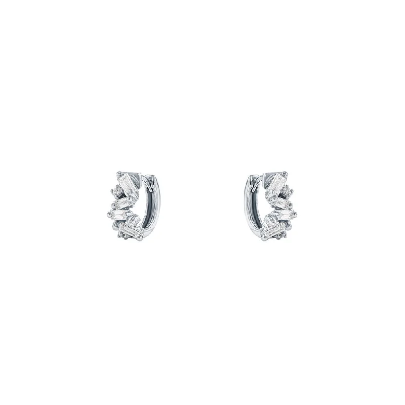 Trendy Gold Earrings For Party Glam-18 Karat White Gold huggies with Baguette and Round diamonds