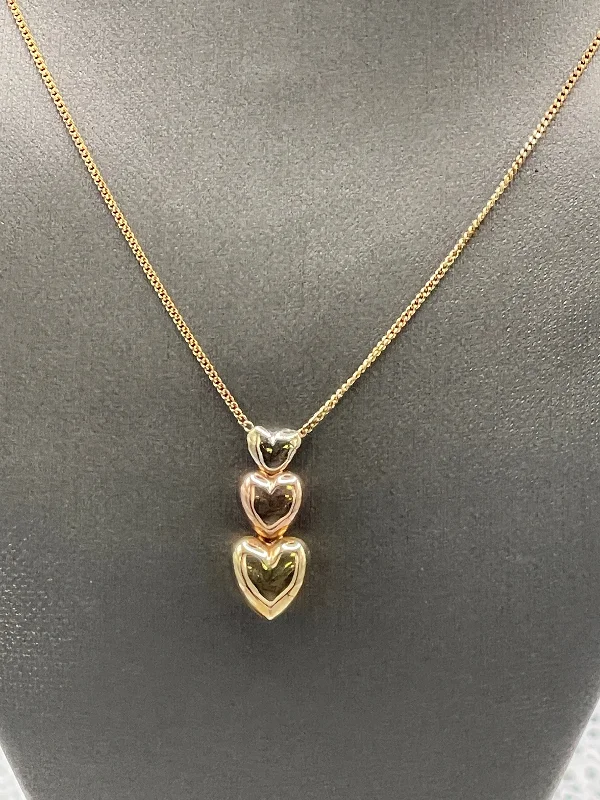 Beautiful Rose Gold Necklaces For Bridesmaids-Ladies Beautiful 14 Karat Tri-Color Gold Triple Puffed Heart Pendant