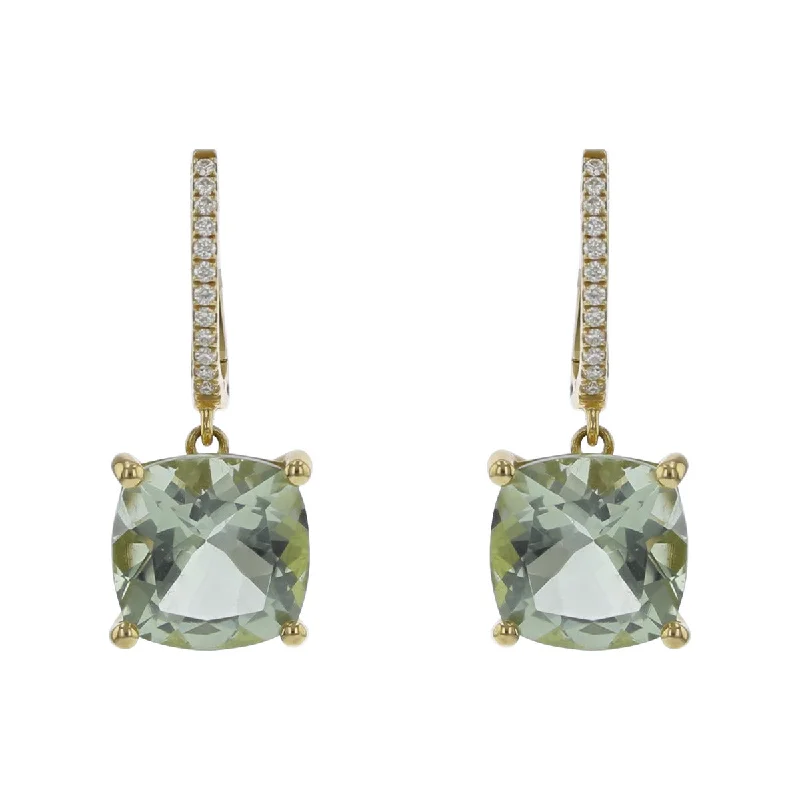 Minimalist Silver Earrings For Work Style-Earrings with Green Quartz and Diamonds