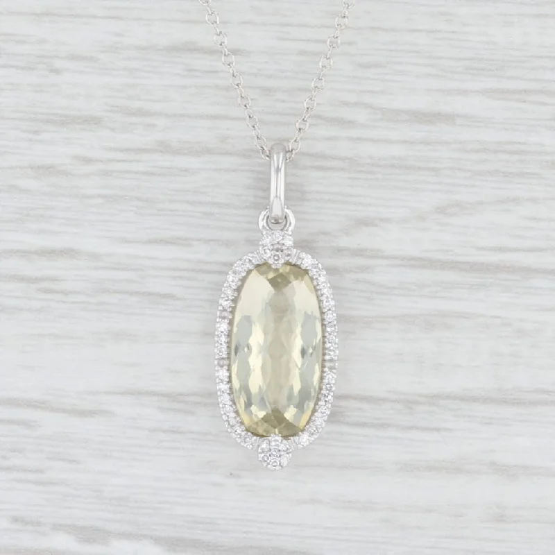 Colorful Stone Pendant Necklaces For Summer Wear-Lemon Quartz Diamond Halo Pendant Necklace 14k White Gold 16.25"