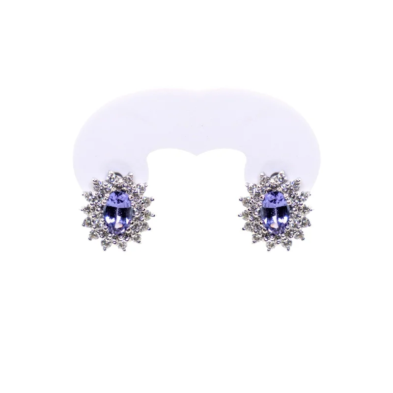 Classic Gold Earrings For Everyday Wear-18kt White Gold Oval Tanzanite and Diamond Cluster Earring