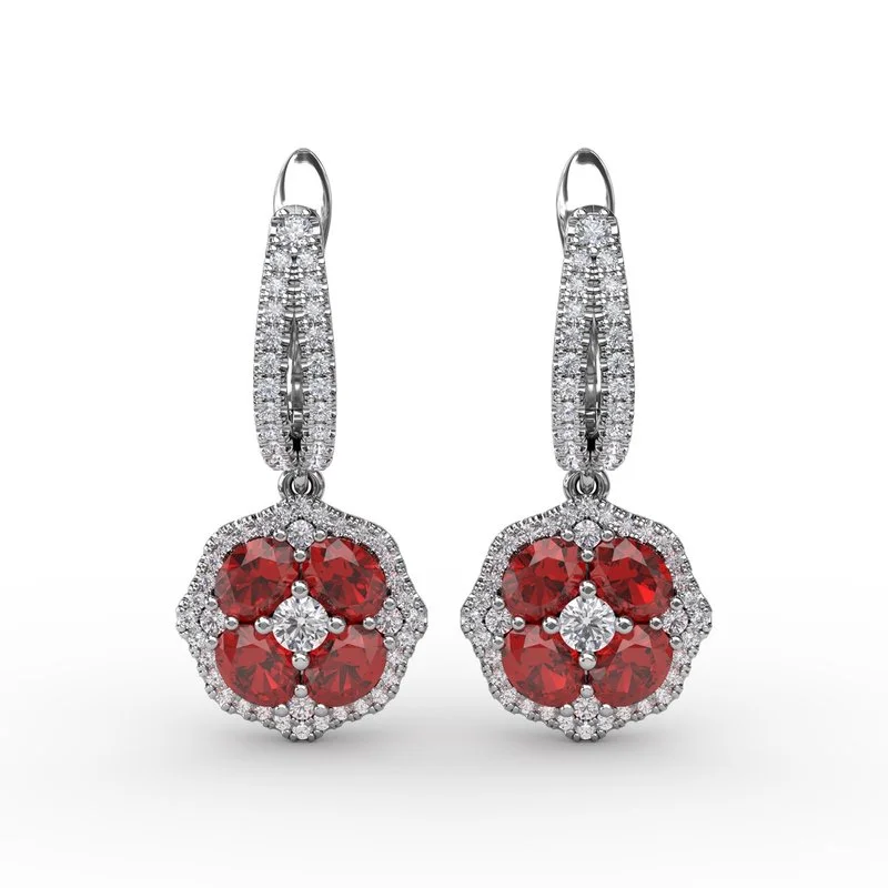 Stylish Hoop Earrings For Casual Looks-FANA Ruby and Diamond Cluster Drop Earrings ER1576R