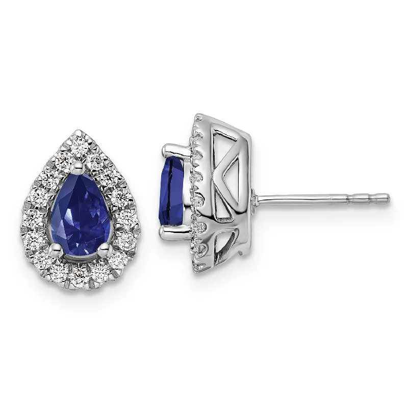 Sleek Drop Earrings For Office Looks-Created Pear Shape Sapphire Diamond Halo Earrings in 10 Karat White Gold