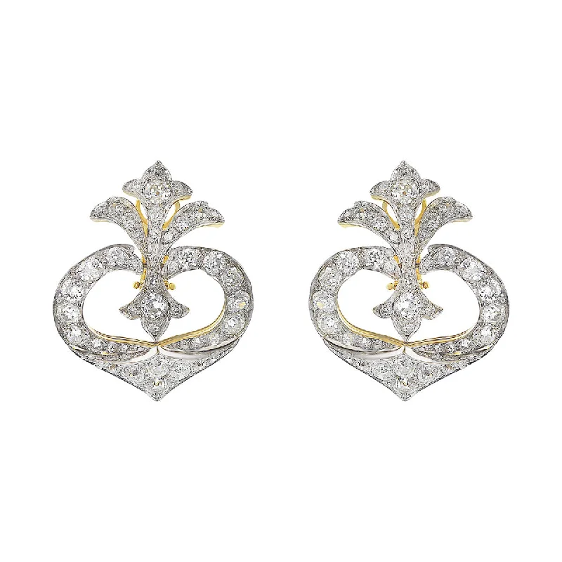 Elegant Earrings For Bridesmaids Gifts-Edwardian Old Mine Cut Diamond Fleur De Lis Earrings