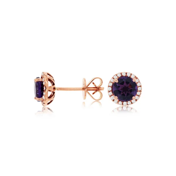 Butterfly Shaped Earrings For Cute Vibes-14 Karat Rose Gold Ametyst and Diamond Halo Earrings