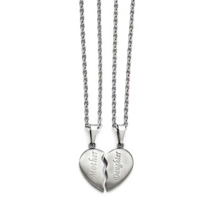 Layered Necklaces For Trendy Style-Stainless Steel Brushed ½ Heart Mother/Daughter Pendant Necklace Set