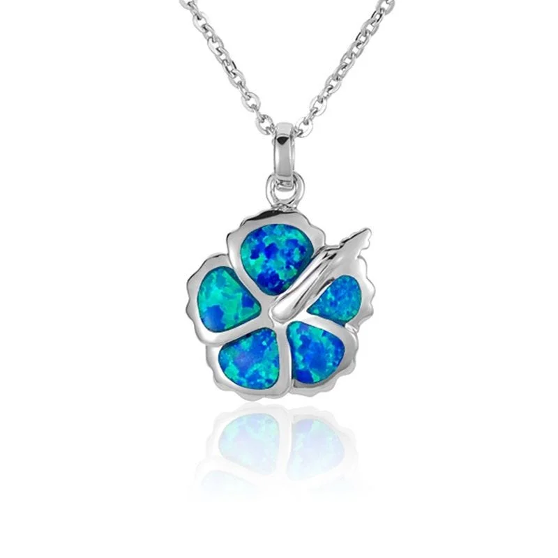 Silver Long Necklaces For Chic Style-Sterling Silver Hibiscu Necklace with Opal Inlay