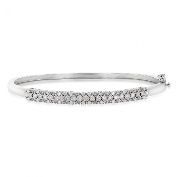 Bangles With Cross Designs-1/2 Carat Diamond 3 Row 50x60mm Hinge Bangle in Sterling Silver