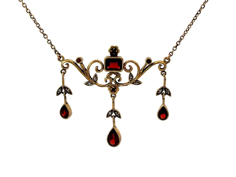 Stunning Resin Pendant Necklaces For Bold Look-Renaissance Diamond and Red Garnet Dangly Necklace 9k Rose Gold