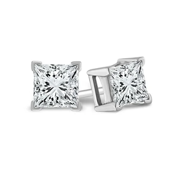 Silver Dangle Earrings For Evening Wear-White Gold 2 Carat Princess Cut Lab Grown Diamond Stud Earrings