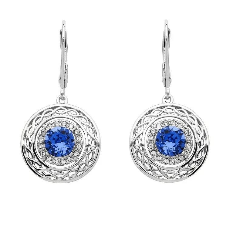 Stunning Drop Earrings For Evening Wear-Sterling Silver Celtic Halo Earrings with Sapphire Blue Crystal - SW191