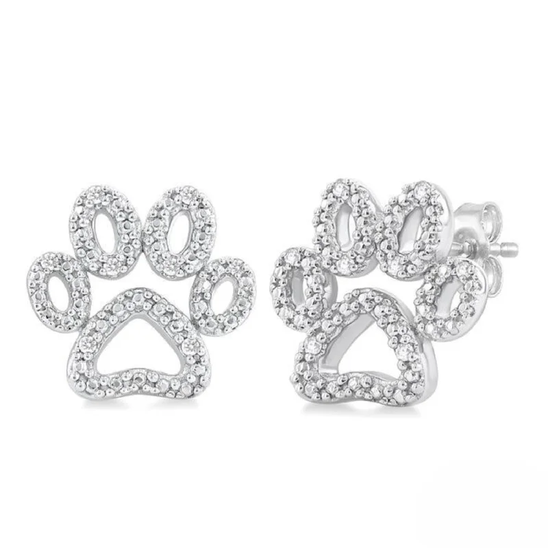 Custom Pearl Earrings For Wedding Gifts-Silver Dog Paw Diamond Fashion Earrings