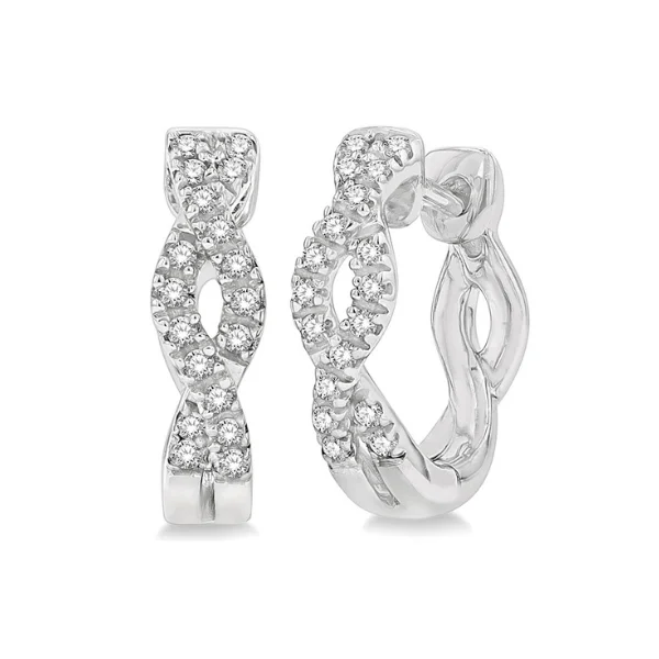 Stunning Pearl Earrings For Formal Wear-1/6 ctw Entwined Round Cut Diamond Huggie Earrings in 10K White Gold