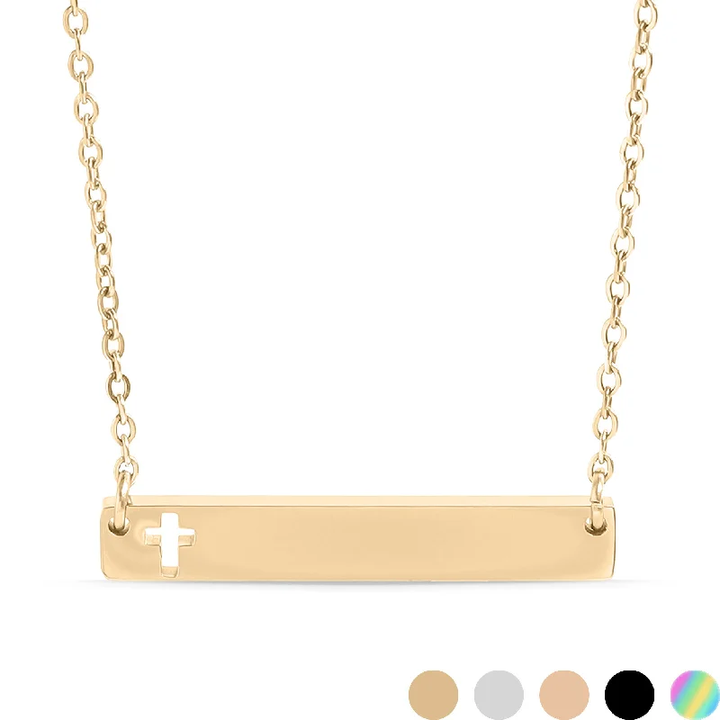 Colorful Gemstone Pendant Necklaces For Fashion Forward-Cutout Cross Bar Stainless Steel Necklace / SBB00106