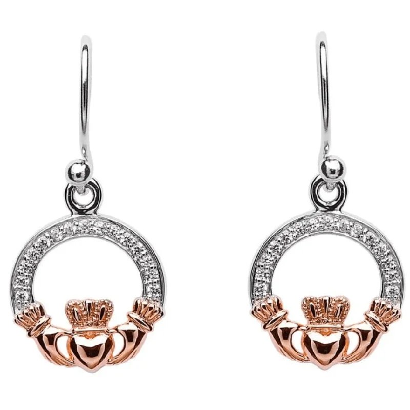 Luxury Gold Earrings For Special Occasions-Sterling Silver and Rose Gold Plated Claddagh Earrings SE2083CZ