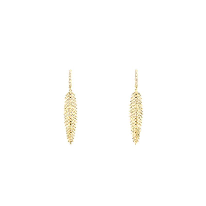 Sparkling Diamond Earrings For Weddings-18 Karat Yellow Gold Feather earrings With 358 White Diamonds with Huggie closure