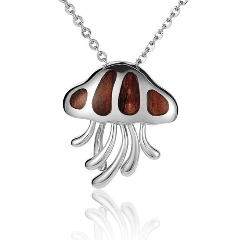 Bold Crystal Pendant Necklaces For Weddings-Sterling Silver Koa Wood Wild Tentacles Jellyfish Pendant18" Necklace