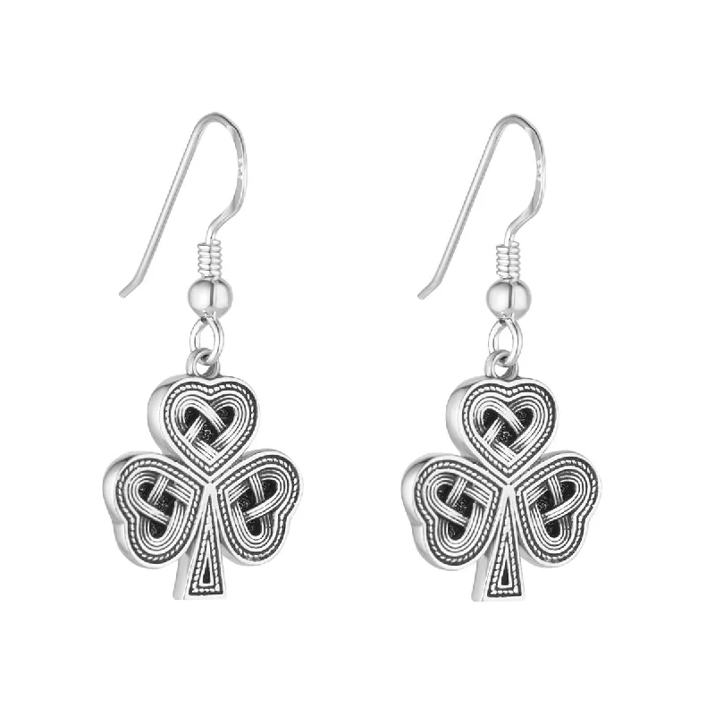 Elegant Silver Earrings For Casual Wear-Sterling Silver Oxidised Celtic Shamrock Earrings - S34250