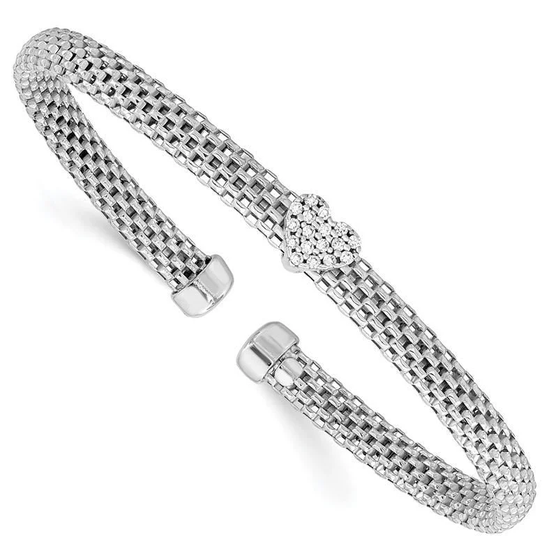 Bangles For Boho Vibes-Sterling Silver Rhodium-plated Polished CZ Heart Mesh Cuff Bangle