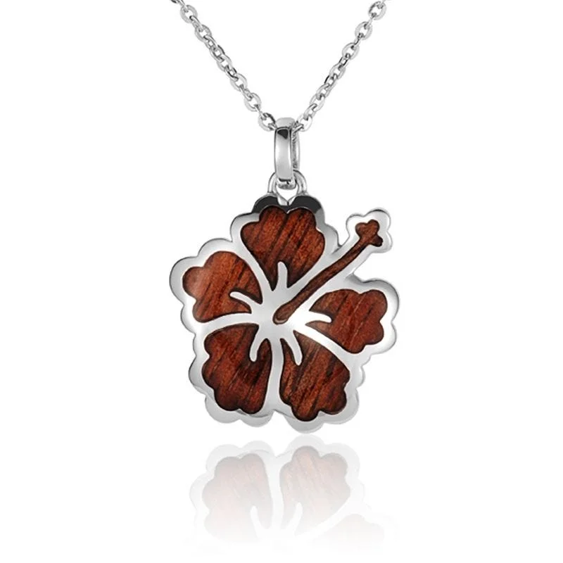 Elegant Heart Necklaces For Romantic Gifts-Sterling Silver Koa Wood Intricate Hibiscus Pendant 18" Necklace