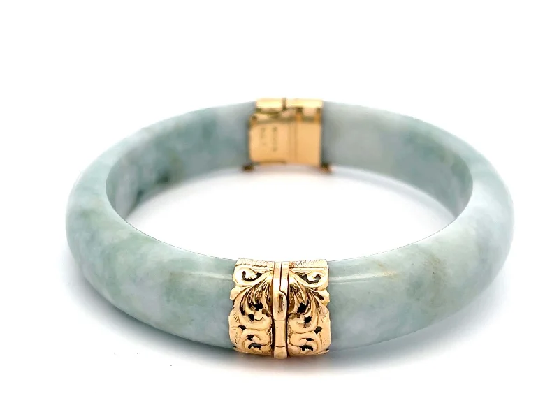 Bangles With Circular Embellishments-Mings Hawaii Green Jade Hinged Bangle 14K Yellow Gold