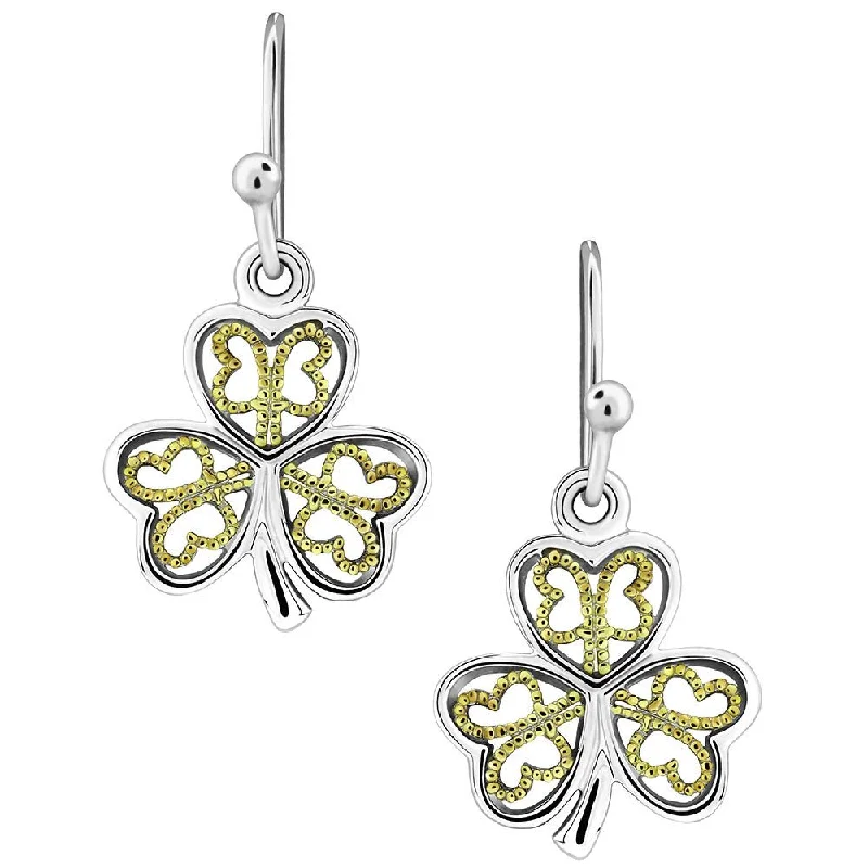 Beautiful Silver Earrings For Casual Wear-Sterling Silver Gold Plated Filigree Shamrock Earrings SE-2052