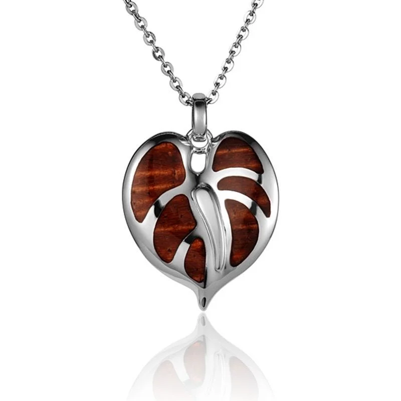 Custom Silver Heart Necklaces For Unique Designs-Sterling Silver Koa Wood Stylish Anthurium Flower Pendant18" Necklace