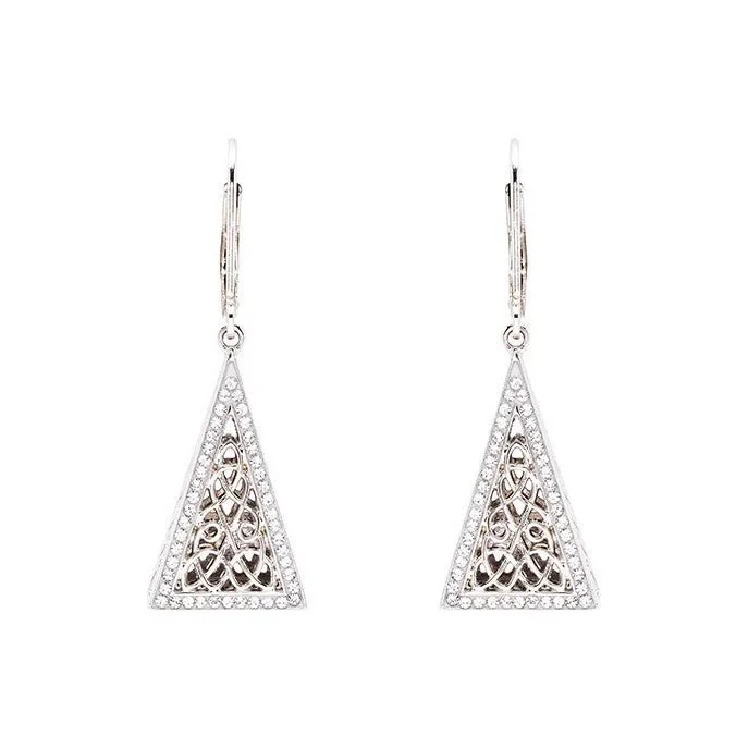 Unique Resin Earrings For Eclectic Style-Sterling Silver White Crystals Celtic Triangle Earrings SW240