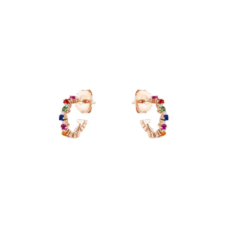 Classic Gold Earrings For Everyday Wear-18 Karat Rose Gold Small Hoop Earring with Multi Colored Sapphires and Diamonds