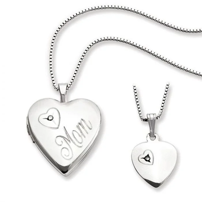 Handmade Necklaces For Women-Sterling Silver Diamond Heart Locket & Pendant Necklace Set