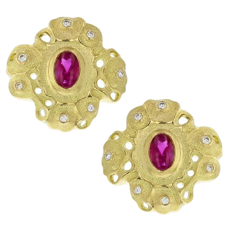 Large Gold Earrings For Bold Style-Gold Buff Top Ruby Rosette Earrings