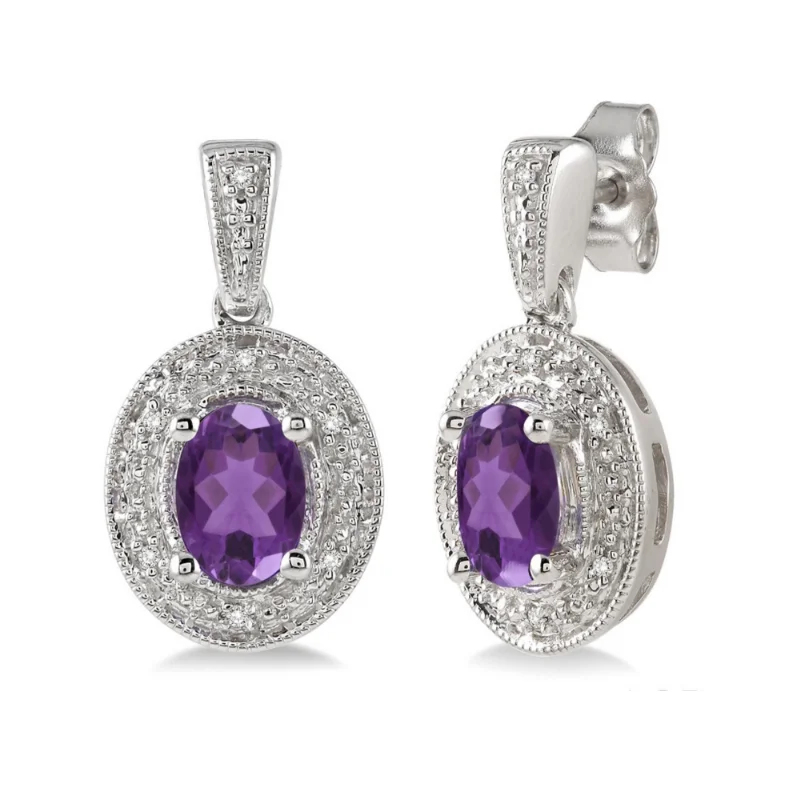 Large Hoop Earrings For Bold Fashion-Sterling Silver 7x5mm Amethyst and 1/20 Carat Diamond Earrings