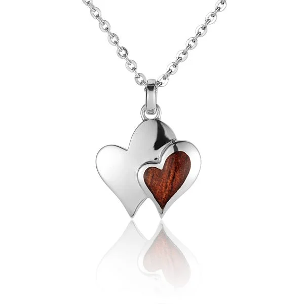 Vintage Crystal Necklaces For Glamorous Wear-Sterling Silver Koa Wood Double Heart Pendant 18" Necklace