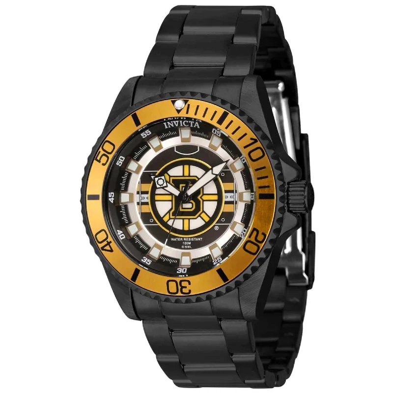 Watches With Leather Straps-Invicta Women's Quartz Watch - NHL Boston Bruins Black Plated Steel Bracelet | 42207