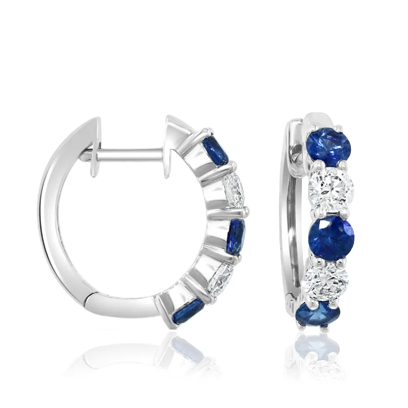 Elegant Swarovski Earrings For Evening Wear-14K White Gold Sapphire and Diamond Hoop Earrings