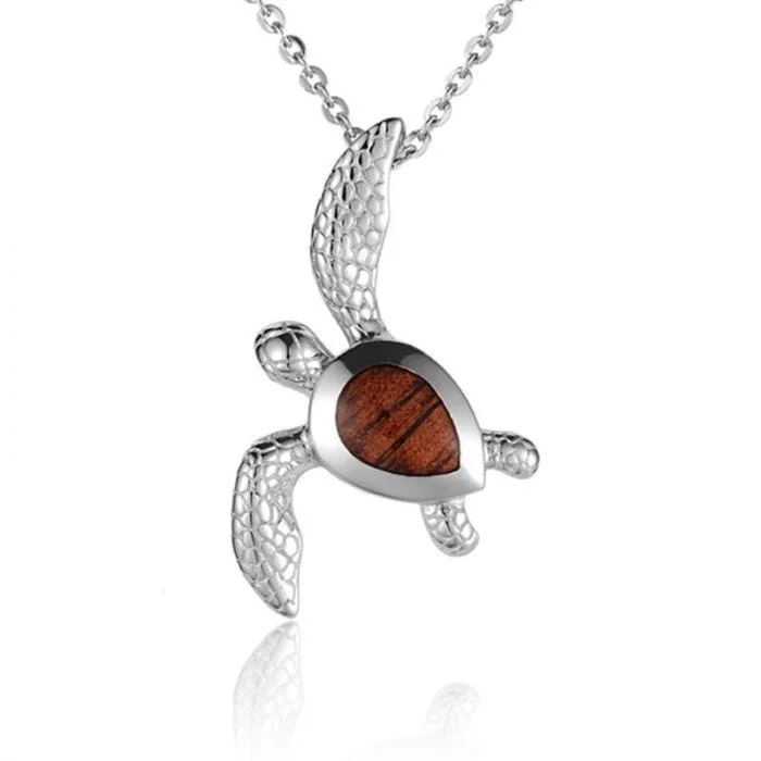 Bold Multi-Chain Necklaces For Fashion Statements-Sterling Silver Koa Wood Scaly Honu Turtle Pendant18" Necklace