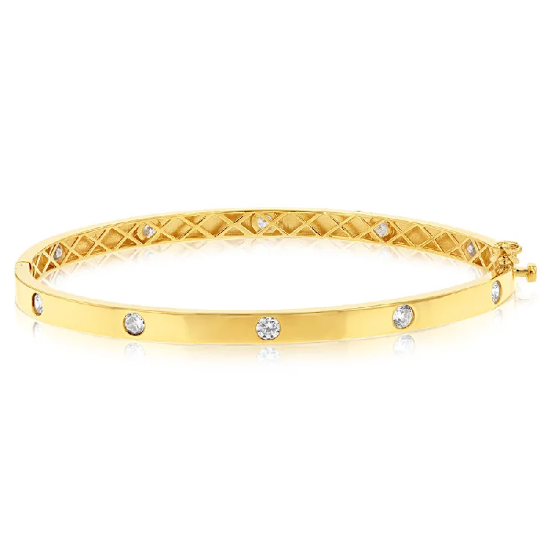 Bangles For Valentine’s Day-9ct Yellow Gold Double Sided Cubic Zirconia On Hinged Bangle