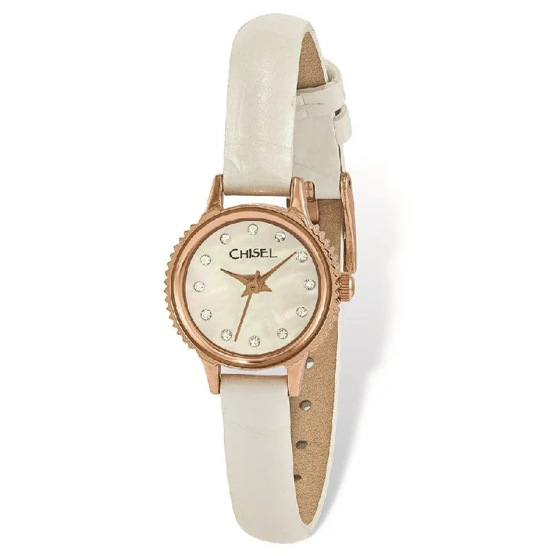 Watches With Unique Designs-Ladies Chisel Rose IP-pltd Stainless Steel Wht Lthr Strap Watch