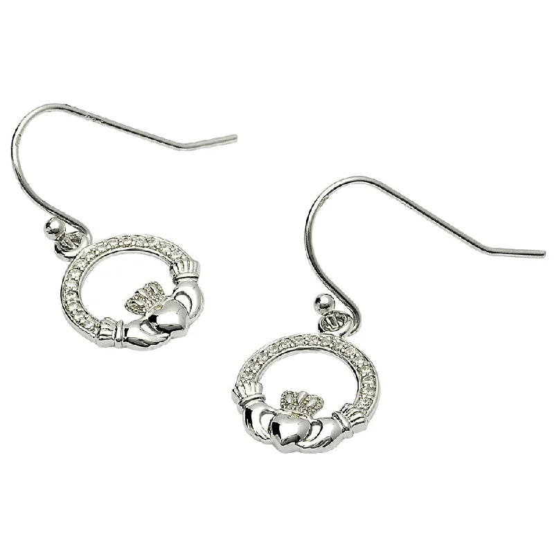 Modern Earrings For Urban Fashion-Sterling Silver Claddagh Earrings with CZ stones SE2071cz