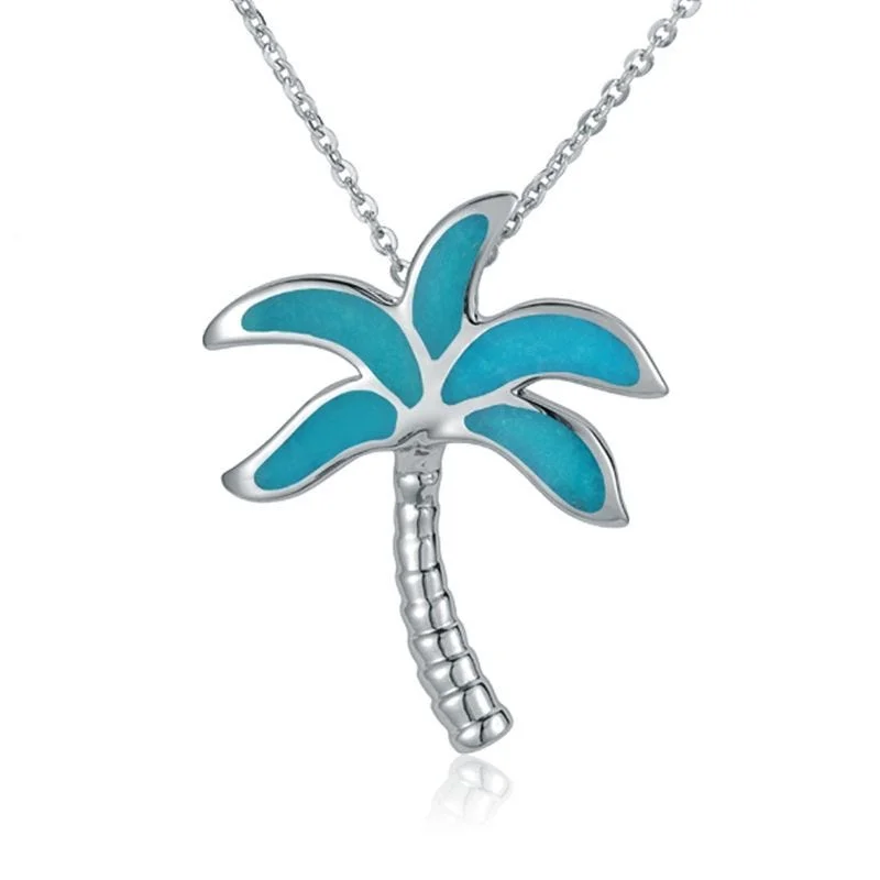 Personalized Crystal Necklaces For Custom Gifts-Sterling Silver Palm Tree Necklace with Turquoise Inlay